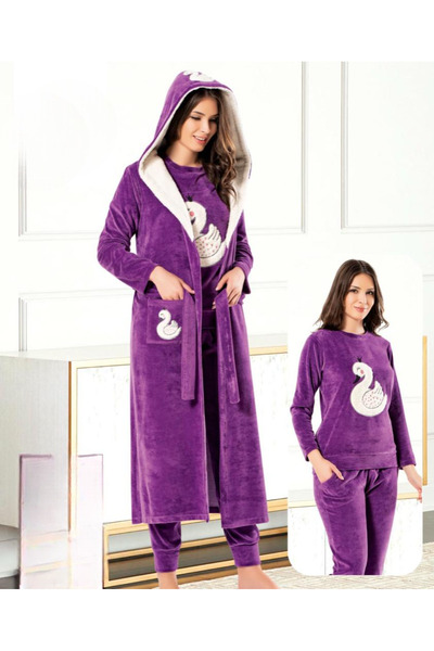 Miss Dünya Lissa Swan Love Purple Velvet Dressing Gown Pajama Set