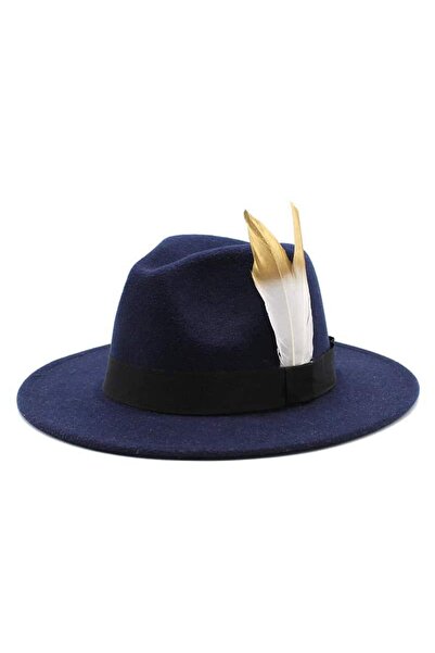 Pursehuit Women's hat, navy blue, with white and Gold coloured feathers, Laura