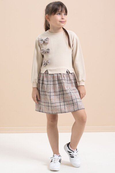 Cansın Mini Beige Girl's Plaid Skirt Dress with Bow Detail 21535