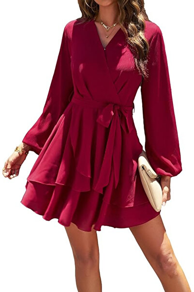 OEM Elegant long dress above the knee, with long sleeves, Red S