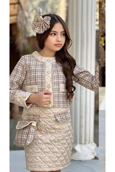 Riccotarz Girl's Gold Stripe and Quilted Detailed Chanel Fabric Beige Skirt Set
