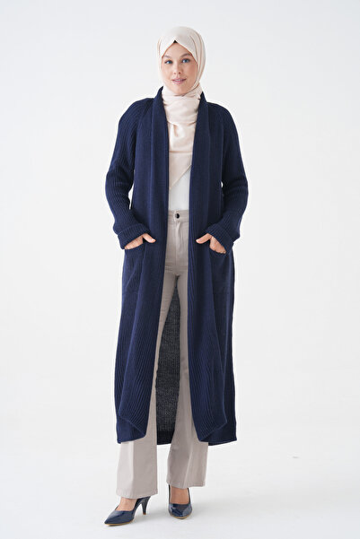 vuvutasarım Γυναικεία πλεκτά ρούχα με διπλή τσέπη με λεπτομέρεια σάλι με γιακά μακρύ μπλε ναυτικό χρώμα Ζακέτα 5001