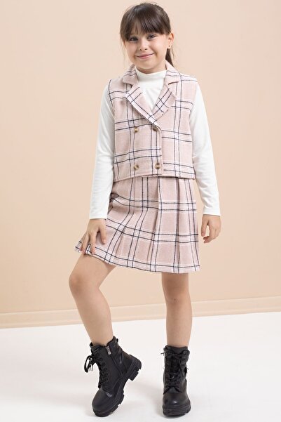 Cansın Mini Pink Plaid Patterned Button Detailed Jacket Girl's 2 Piece Set 21540