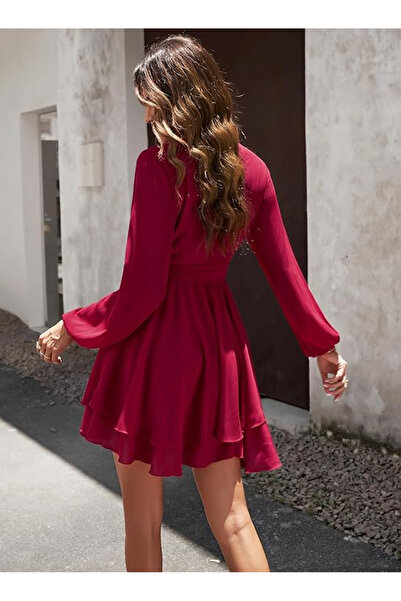 OEM Elegant long dress above the knee, with long sleeves, Red S