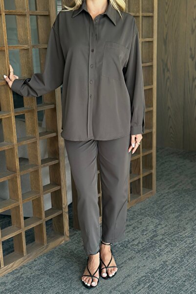 Laluvia Brown Merlin Belted Shirt Pants Set - 8453