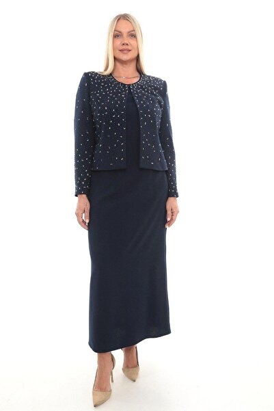 MİSS DİAMOND سترة أنيقة مزينة بالأحجار ذات فتحة مغلقة باللون الأزرق الداكن