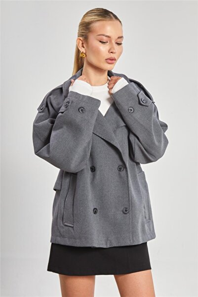 BARRELS AND OIL Women's Double Breasted Collar Short Oversize Jacket - Anthracite