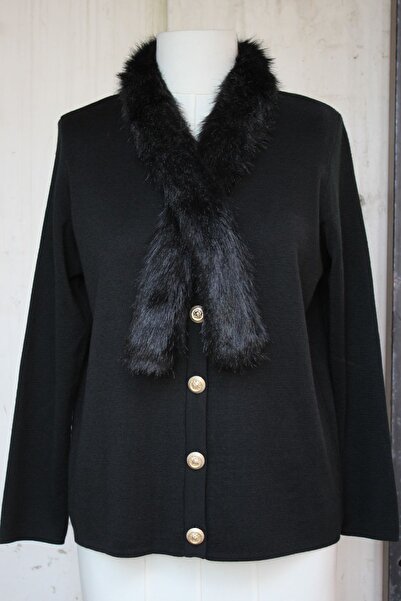 trikobis Wool Knitwear Cardigan with Fur Collar Detail