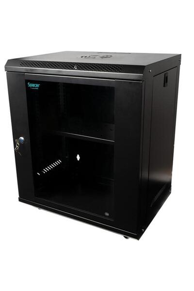 Spacer Cabinet 19″ 12U 500x400mm wall-mount flatpack black glass door detachable panels