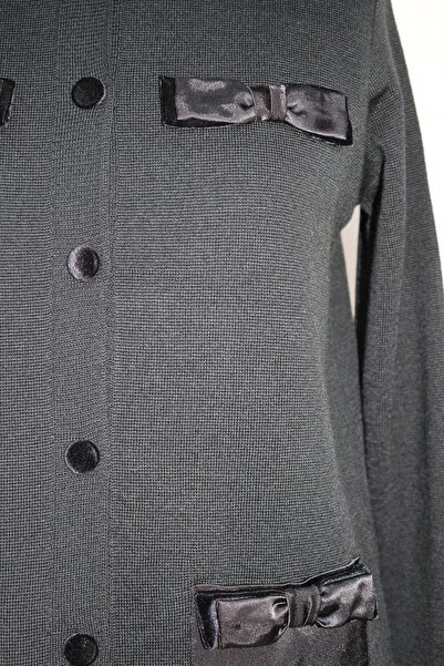 trikobis Velvet Buttoned Wool Knitwear Cardigan with Satin Pocket and Bow Detail