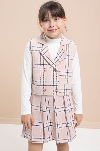 Cansın Mini Pink Plaid Patterned Button Detailed Jacket Girl's 2 Piece Set 21540