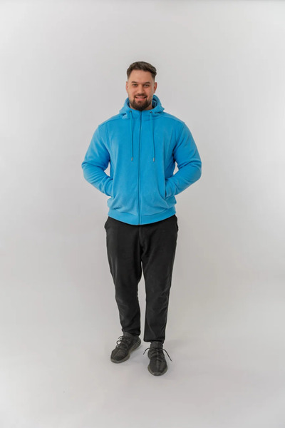 Masstex Tedy blue sweatshirt for men – 100% microfleece, hood and zipper