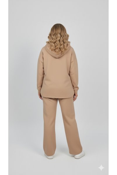 Koza Butik Women's Plus Size Long Sleeve Hooded Kangaroo Pocket Tracksuit Set 8211-26