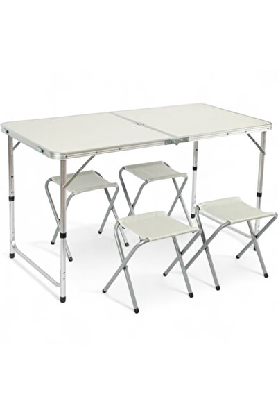 AR PLASTİK Katlanabilir Alüminyum Kamp Masası ve 4 Adet Tabure Seti, Katlanab...