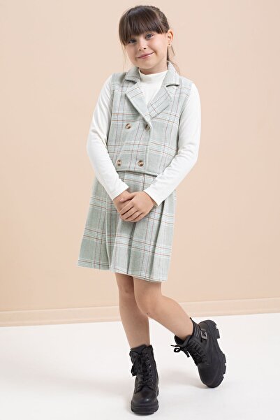Cansın Mini Mint Plaid Patterned Button Detailed Jacket Girl's 2 Piece Set 21542
