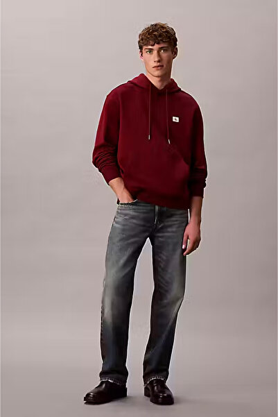 Calvin Klein Erkek Regular Fit Logo Yamalı Kapüşonlu Sweatshirt - Bordo