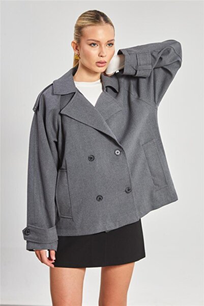 BARRELS AND OIL Women's Double Breasted Collar Short Oversize Jacket - Anthracite