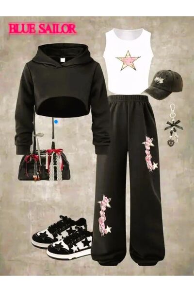 Kids Shop K cu glugă C crop Hanorac + J pantaloni jogger Set 3 piese pentru fete