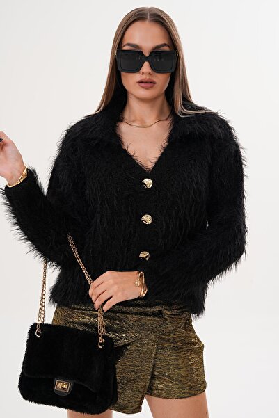 ŞİMAL Γυναικείο πλεκτό μπουφάν με λεπτομέρεια από πούπουλο και κλείσιμο με κουμπιά 255088 -