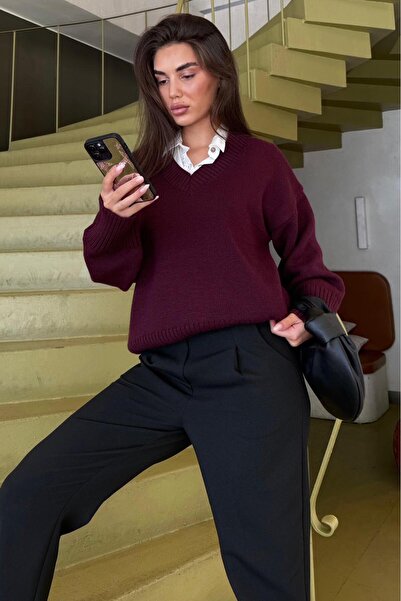 Madmext Plum V-Neck Oversize Women's Knitwear Sweater Mg2149