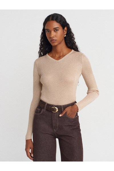 Dilvin 10803 V-Neck Glitter Knit Sweater-Beige