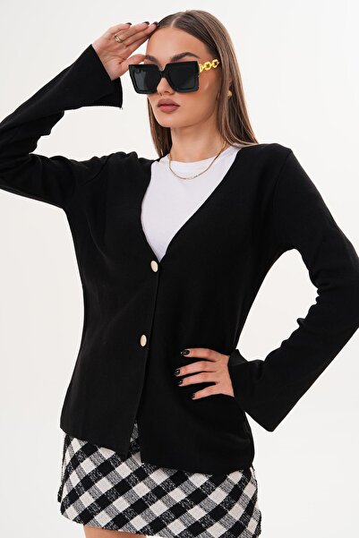ŞİMAL Women's Double Button Detailed Sleeve Slit Cardigan 255092 -