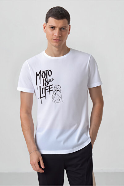 Hmd Men's White Moto Is Life Motorcyclist Printed Cotton Crew Neck T-Shirt