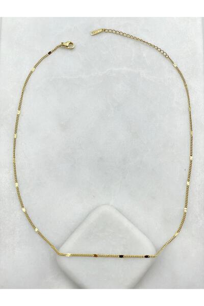 Seda Bijuteri Çelik Lazer Kesim Plaka Detaylı Zincir Kolye Gold