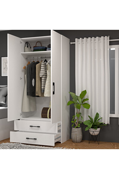 MOBİLİQUE Retro-10 Askılı 1 Raflı 2 Çekmeceli 2 Kapaklı Gardırop Beyaz