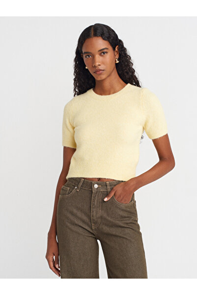Dilvin 10651 Bisiklet Yaka Yumuşak Dokulu Kısa Kol Triko Kazak-Açık Sarı