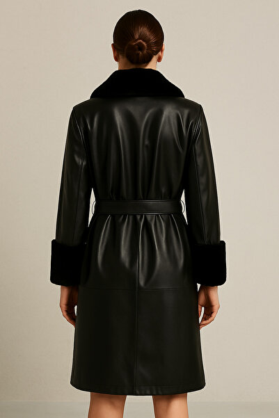 BLESSİNGTR Women's Leather Trench Coat with Fur Collar and Sleeves