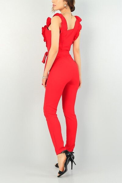 lovebox Crepe Fabric Square Collar Piece Red Evening Dress Jumpsuit Emr-106