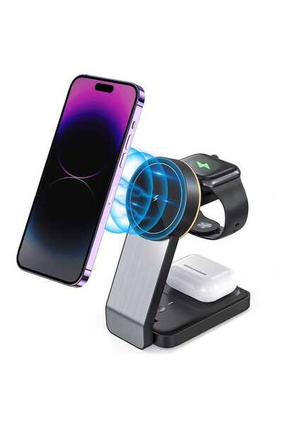 Elindor Stație de încărcare 3 în 1, suport pliabil, încărcare rapidă, ideală pentru dispozitive Apple