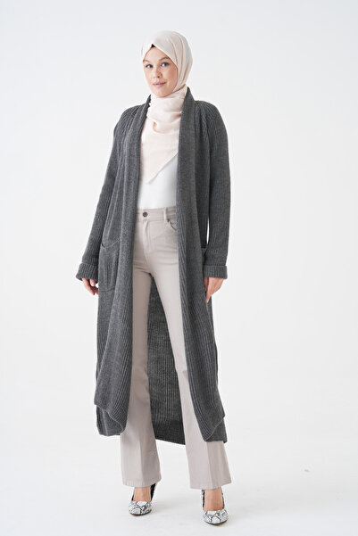 lovebox Women's Anthracite Knitwear Fabric Double Pocket Design Shawl Collar Long Hijab Clothing Cardigan 5001