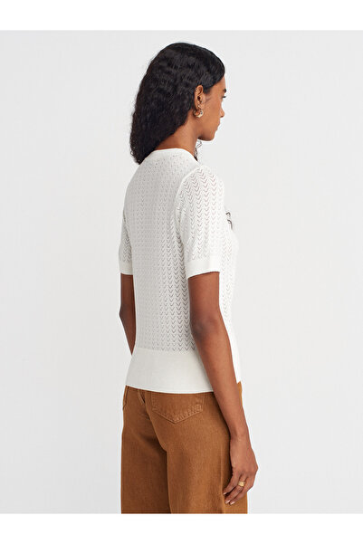 Dilvin 60974 Crew Neck Openwork Buttoned Knitwear Cardigan-Ecru