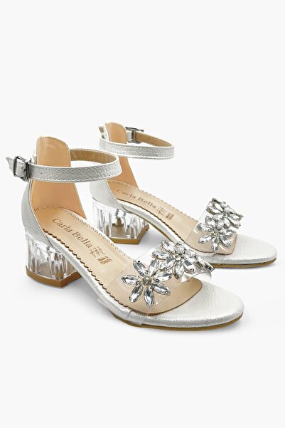 ALTUNTAŞ Girl's Shoes Evening Dress Transparent Heel Flower Rhinestone Detail