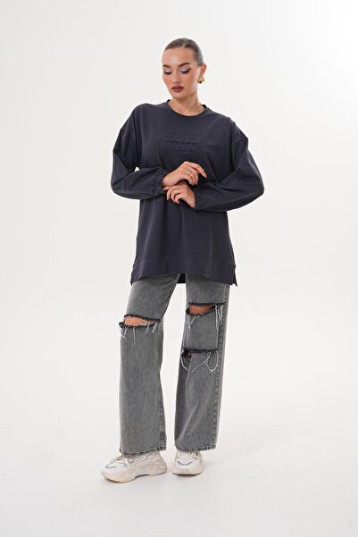 WestBound Smoked Mi̇u Embossed Print Crew Neck Hijab Sweatshirt Tunic 712