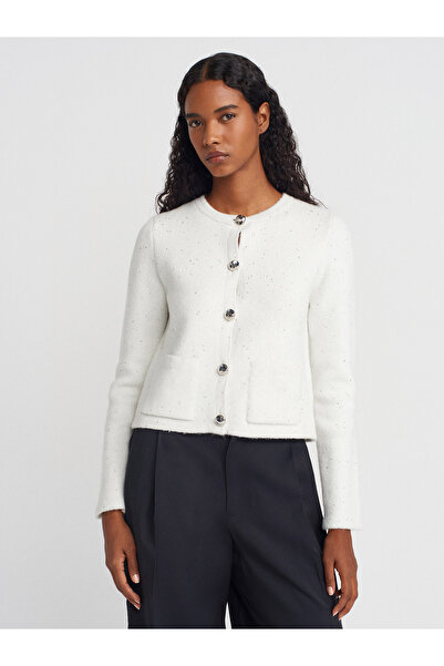 Dilvin 60935 Bisiklet Yaka Pullu Simli Düğmeli Triko Hırka-Ekru