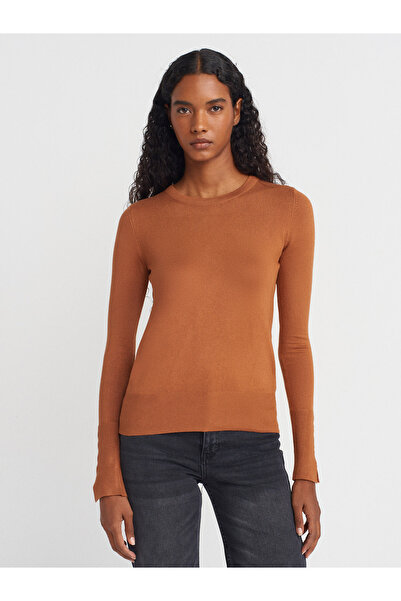 Dilvin 1267 Crew Neck Mid-Sleeve Sweater-Caramel