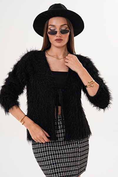 ŞİMAL Women's Feather Detailed Front Tie Knit Cardigan 255089 -