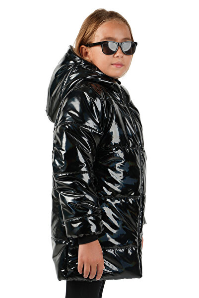 Merdia Dívčí nepromokavý a větruodolný kabát s kožešinovou podšívkou a kapucí, lesklá černá
