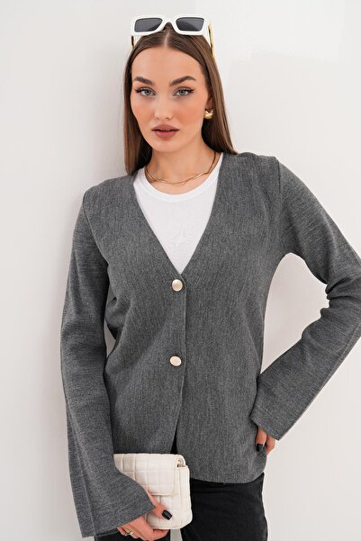 ŞİMAL Kadın Çift Düğme Detaylı Kol Yırtmaçlı Hırka 255092 -