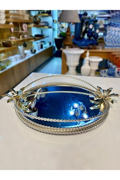 ÇIRPAN EV GÜMÜŞ ÇİÇEKLİ AYNALI YUVARLAK TEPSİ 35X45CM