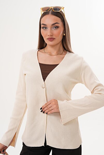 ŞİMAL Women's Double Button Detailed Sleeve Slit Cardigan 255092 -