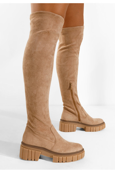 B T Shoes Khaki vysoké kozačky na plochém podpatku Dolaria
