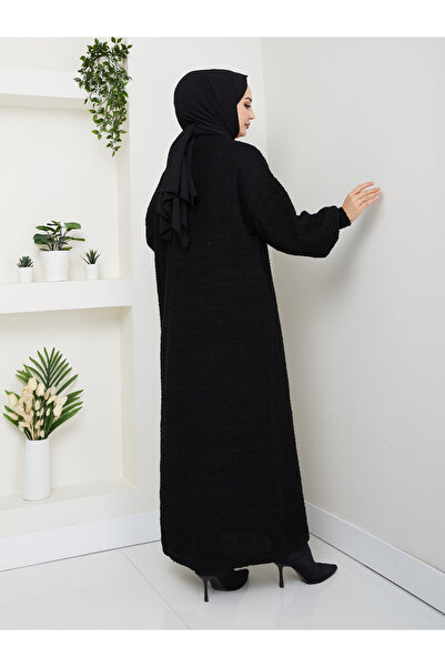 Kirazgym Sand-Colored Rope Bud Pattern Balloon Sleeve Detail Long Knit Dress