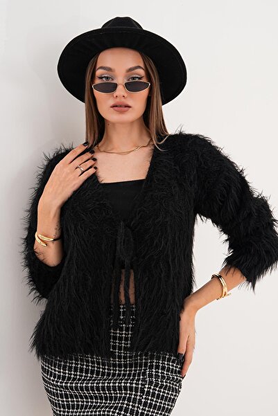 ŞİMAL Women's Feather Detailed Front Tie Knit Cardigan 255089 -