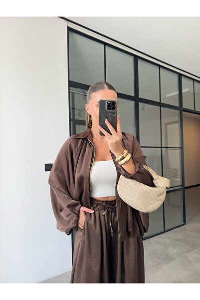 BB Bensu Buyruk SATEN BOMBER CEKET ŞALVAR PANTOLON KAHVERENGİ TAKIM