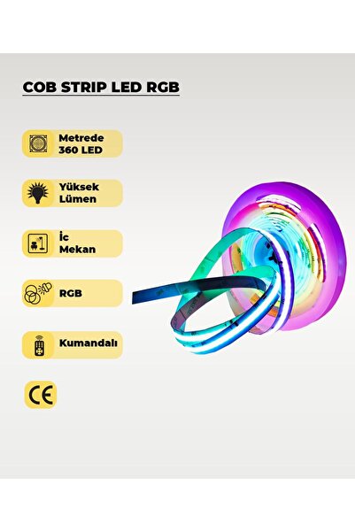 AC AYDINLATMA 12V COB Şerit Led RGB - Kumandalı - Metrede 360 Led - 5 Metre