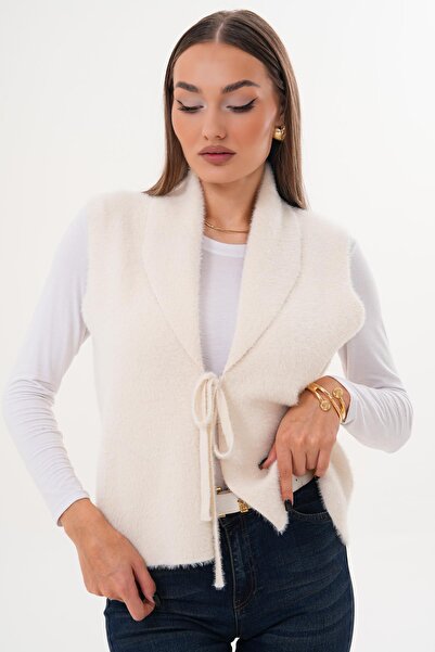 ŞİMAL Women's Feathered Front Tie Shawl Collar Vest 255090 -
